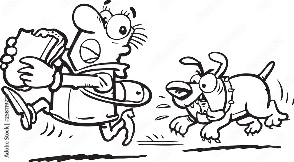 Naklejka premium A man with a sandwich flees from a dog