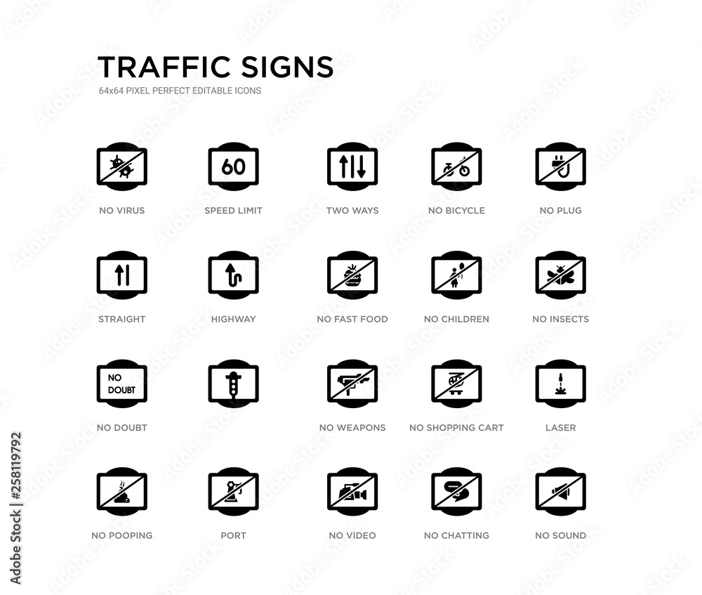 set of 20 black filled vector icons such as no sound, laser, no insects, no plug, chatting, video, straight, bicycle, two ways, speed limit. traffic signs black icons collection. editable pixel set of 20 black filled vector icons such as no sound, laser, no insects, no plug, chatting, video, straight, bicycle, two ways, speed limit. traffic signs black icons collection. editable pixel
