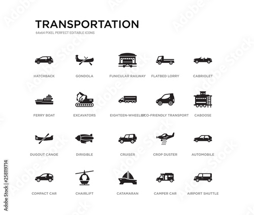 set of 20 black filled vector icons such as airport shuttle, automobile, caboose, cabriolet, camper car, catamaran, ferry boat, flatbed lorry, funicular railway, gondola. transportation black icons