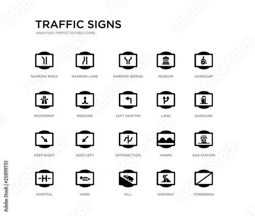 set of 20 black filled vector icons such as forbidden, gas station, gasoline, handicap, highway, hill, motorway, museum, narrow bridge, narrow lane. traffic signs black icons collection. editable