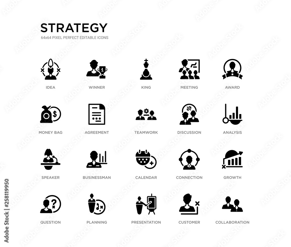 set of 20 black filled vector icons such as collaboration, growth, analysis, award, customer, presentation, money bag, meeting, king, winner. strategy black icons collection. editable pixel perfect set of 20 black filled vector icons such as collaboration, growth, analysis, award, customer, presentation, money bag, meeting, king, winner. strategy black icons collection. editable pixel perfect