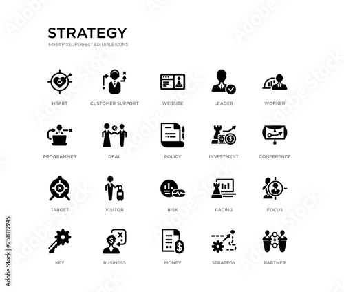 set of 20 black filled vector icons such as partner, focus, conference, worker, strategy, money, programmer, leader, website, customer support. strategy black icons collection. editable pixel