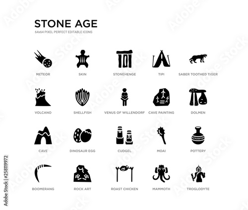 set of 20 black filled vector icons such as troglodyte, pottery, dolmen, saber toothed tiger, mammoth, roast chicken, volcano, tipi, stonehenge, skin. stone age black icons collection. editable