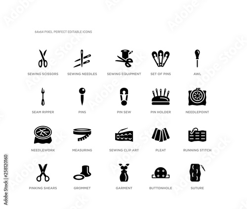 set of 20 black filled vector icons such as suture, running stitch, needlepoint, awl, buttonhole, garment, seam ripper, set of pins, sewing equipment, sewing needles. sew black icons collection.