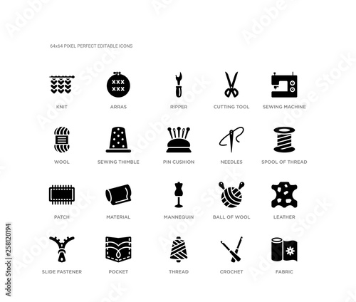 set of 20 black filled vector icons such as fabric, leather, spool of thread, sewing machine, crochet, thread, wool, cutting tool, ripper, arras. sew black icons collection. editable pixel perfect