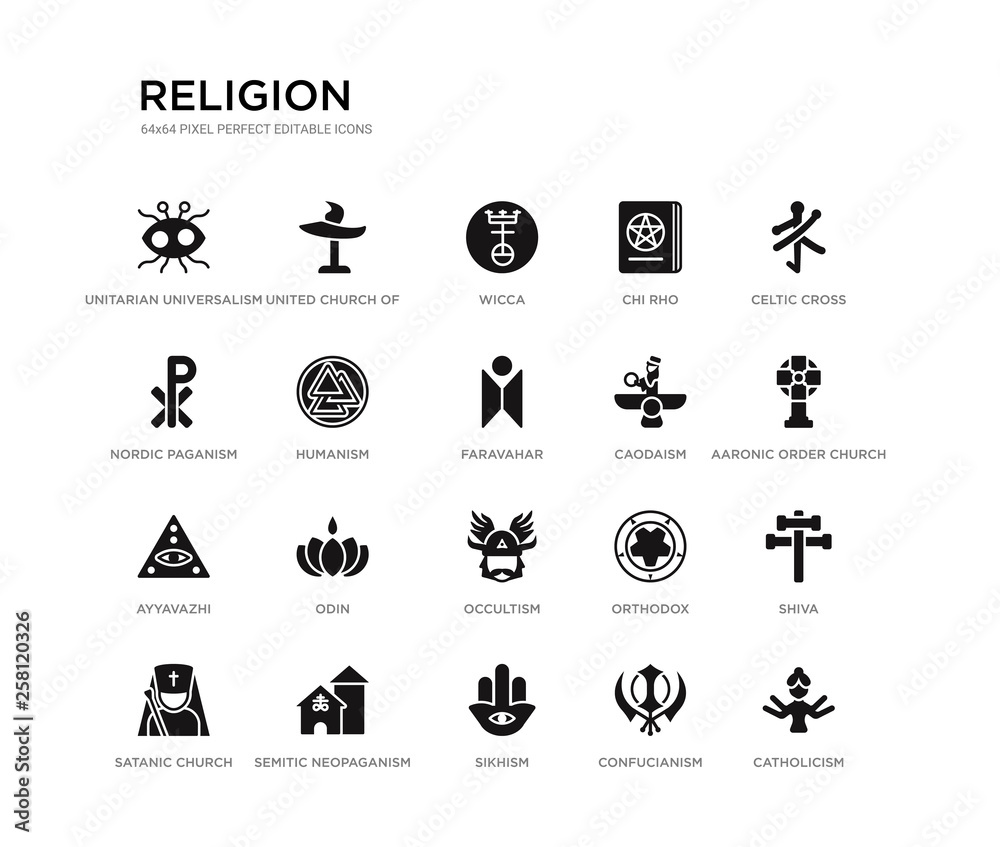 set of 20 black filled vector icons such as catholicism, shiva, aaronic order church, celtic cross, confucianism, sikhism, nordic paganism, chi rho, wicca, united church of christ. religion black