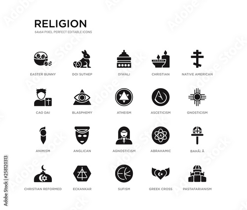 set of 20 black filled vector icons such as pastafarianism, bahã¡ ã­, gnosticism, native american sun, greek cross, sufism, cao dai, christian, diwali, doi suthep. religion black icons collection. photo