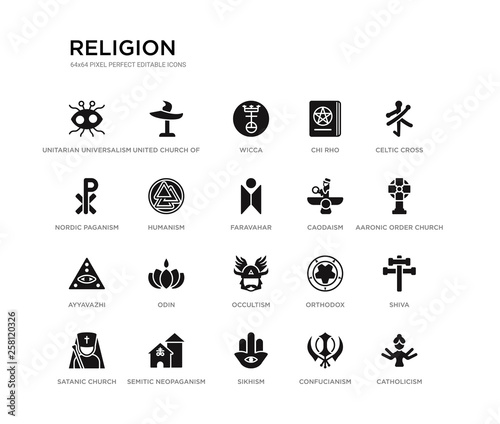 set of 20 black filled vector icons such as catholicism, shiva, aaronic order church, celtic cross, confucianism, sikhism, nordic paganism, chi rho, wicca, united church of christ. religion black