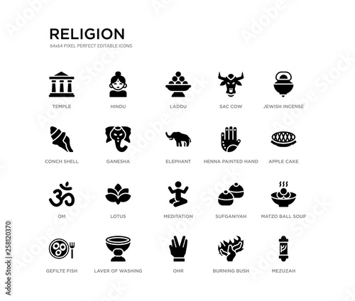 set of 20 black filled vector icons such as mezuzah, matzo ball soup, apple cake, jewish incense, burning bush, ohr, conch shell, sac cow, laddu, hindu. religion black icons collection. editable