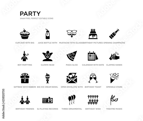 set of 20 black filled vector icons such as theatre masks, sprinkle stars, claping hands, opening champagne bottle, birthday wish, three ornamental balloons, boy partying, birthday pictures,
