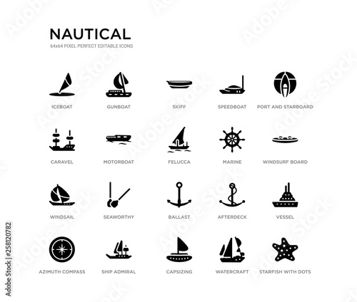 set of 20 black filled vector icons such as starfish with dots, vessel, windsurf board, port and starboard, watercraft, capsizing, caravel, speedboat, skiff, gunboat. nautical black icons