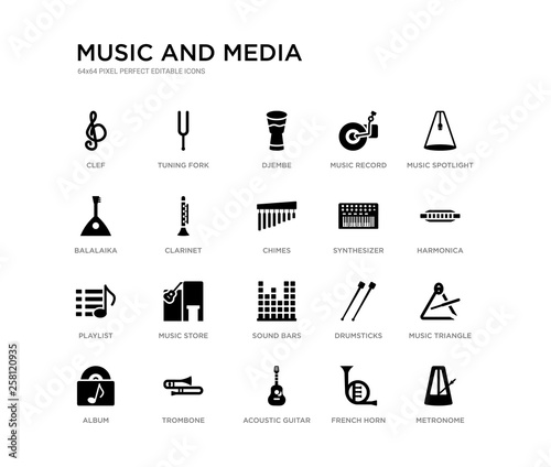 set of 20 black filled vector icons such as metronome, music triangle, harmonica, music spotlight, french horn, acoustic guitar, balalaika, music record, djembe, tuning fork. and media black icons
