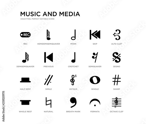 set of 20 black filled vector icons such as octave clef, sharp, segno, alto clef, fermata, breath mark, demisemiquaver, skip, minim, hemidemisemiquaver. music and media black icons collection.