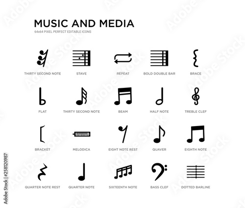 set of 20 black filled vector icons such as dotted barline, eighth note, treble clef, brace, bass clef, sixteenth note, flat, bold double bar line, repeat, stave. music and media black icons