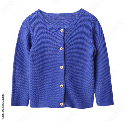 Child's blue knitted long sleeve cardigan isolated.