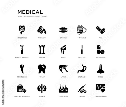 set of 20 black filled vector icons such as cardiogram, nose, antibiotic, pill, drugs, epidermis, blood sample, notepad, braces, tablets. medical black icons collection. editable pixel perfect