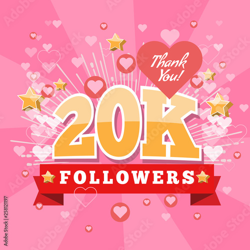20K Followers and thank you banner background with heart bubble icons. Template for social media post. Vector Cover for your design.