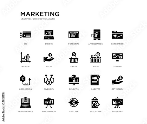 set of 20 black filled vector icons such as diagrams, get money, testing, enterprise, execution, analyze, margin, appreciation, potential, buying. marketing black icons collection. editable pixel