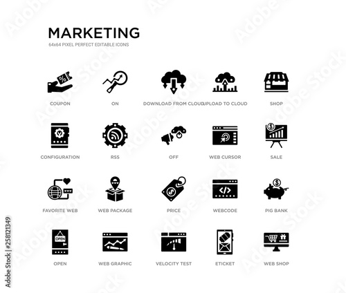 set of 20 black filled vector icons such as web shop, pig bank, sale, shop, eticket, velocity test, configuration, upload to cloud, download from cloud, on. marketing black icons collection.