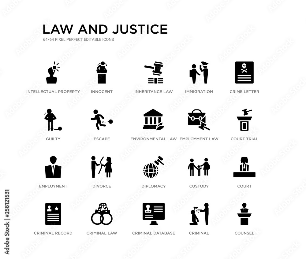 set of 20 black filled vector icons such as counsel, court, court trial, crime letter, criminal, criminal database, guilty, immigration, inheritance law, innocent. law and justice black icons set of 20 black filled vector icons such as counsel, court, court trial, crime letter, criminal, criminal database, guilty, immigration, inheritance law, innocent. law and justice black icons