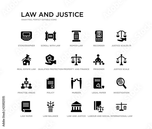 set of 20 black filled vector icons such as international law, investigation, justice scale, justice scales in hand, labour and social law, law and justice, real estate recorder, roman scroll with