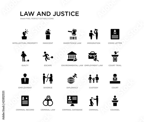 set of 20 black filled vector icons such as counsel, court, court trial, crime letter, criminal, criminal database, guilty, immigration, inheritance law, innocent. law and justice black icons