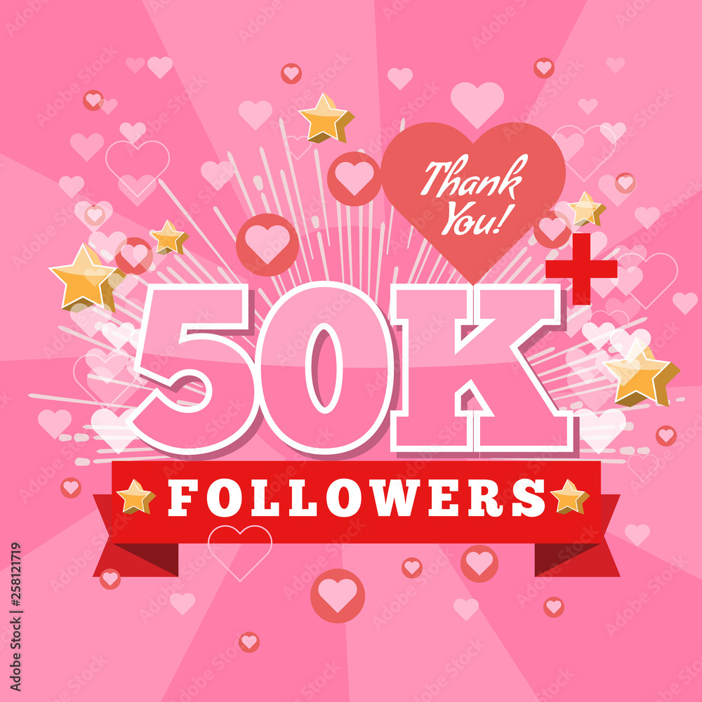 50K Followers and thank you banner background with heart bubble icons. Template for social media post. Vector Cover for your design.
