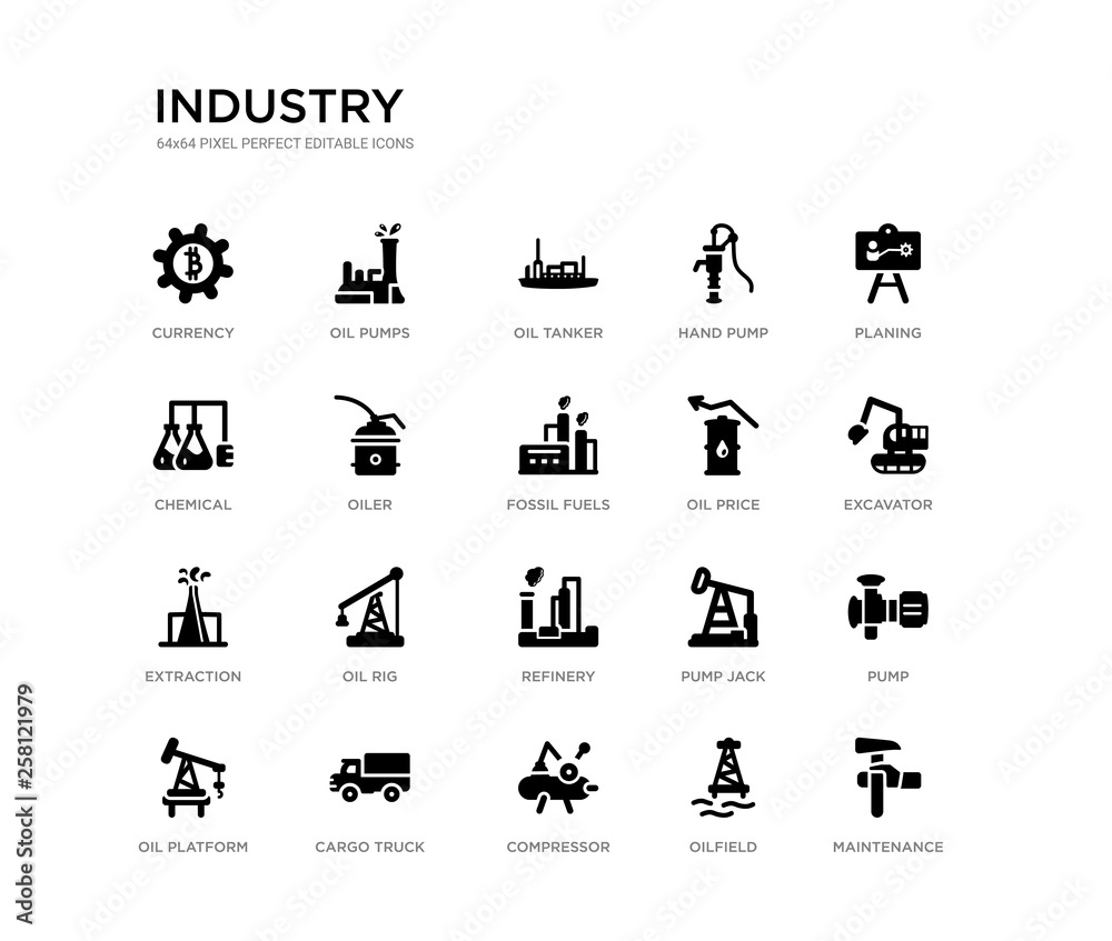 set of 20 black filled vector icons such as maintenance, pump, excavator, planing, oilfield, compressor, chemical, hand pump, oil tanker, oil pumps. industry black icons collection. editable pixel set of 20 black filled vector icons such as maintenance, pump, excavator, planing, oilfield, compressor, chemical, hand pump, oil tanker, oil pumps. industry black icons collection. editable pixel
