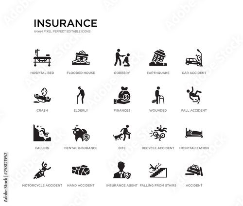 set of 20 black filled vector icons such as accident  hospitalization  fall accident  car accident  falling from stairs  insurance agent  crash  earthquake  robbery  flooded house. insurance black
