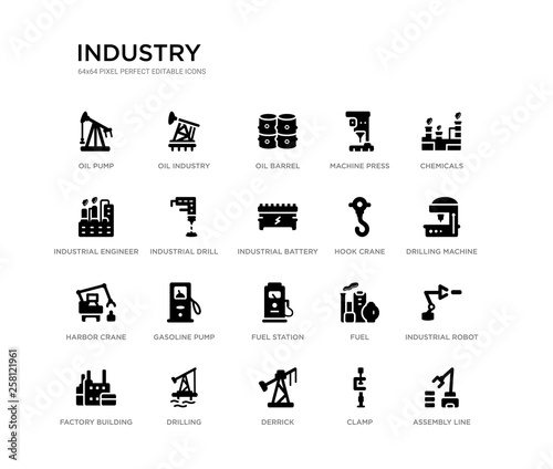 set of 20 black filled vector icons such as assembly line, industrial robot, drilling machine, chemicals, clamp, derrick, industrial engineer, machine press, oil barrel, oil industry. industry black