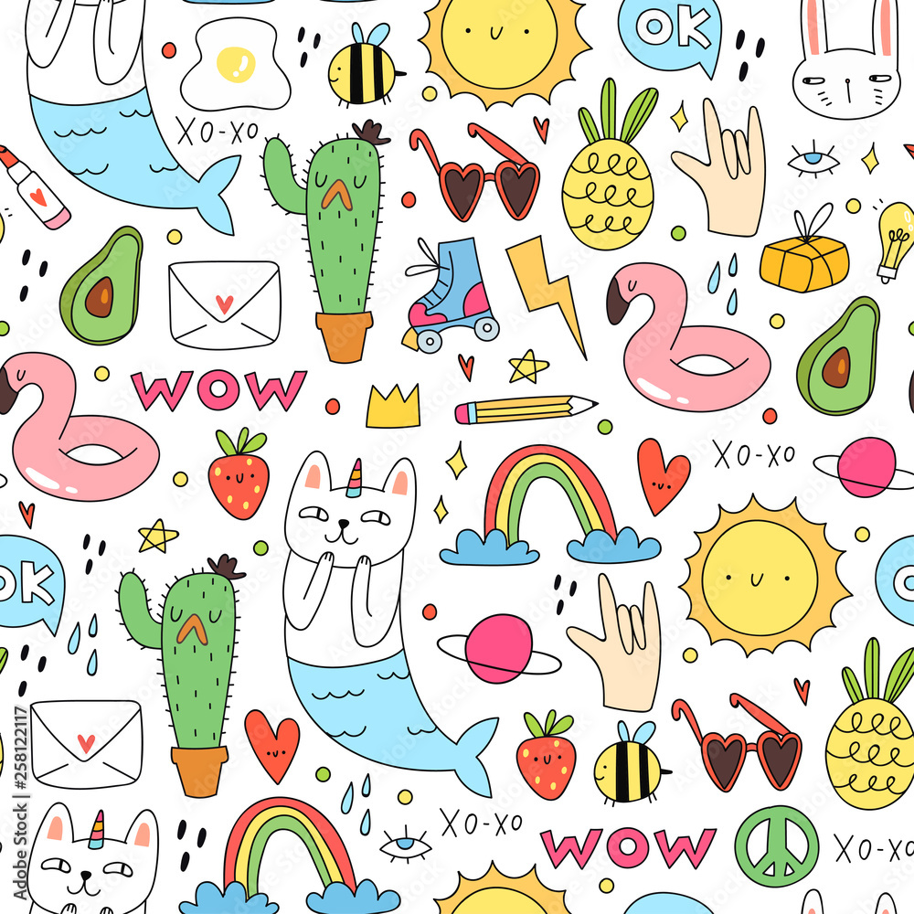 Summer mood. Various doodle elements. Flat design. Trendy style. Hand drawn colored vector seamless pattern