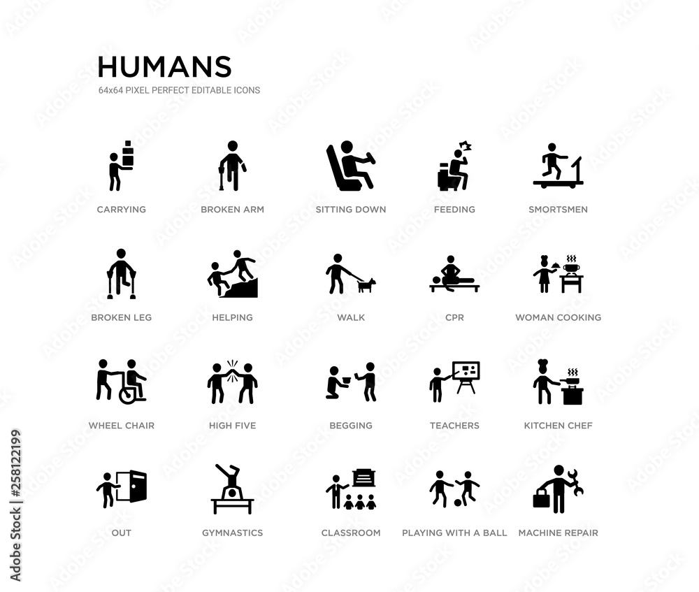 set of 20 black filled vector icons such as machine repair, kitchen chef, woman cooking, smortsmen, playing with a ball, classroom, broken leg, feeding, sitting down, broken arm. humans black icons set of 20 black filled vector icons such as machine repair, kitchen chef, woman cooking, smortsmen, playing with a ball, classroom, broken leg, feeding, sitting down, broken arm. humans black icons