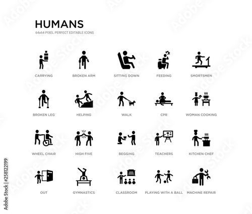 set of 20 black filled vector icons such as machine repair, kitchen chef, woman cooking, smortsmen, playing with a ball, classroom, broken leg, feeding, sitting down, broken arm. humans black icons © Meth Mehr