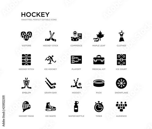 set of 20 black filled vector icons such as audience, snowflake, ice court, clothes, timer, water bottle, hockey pitch, maple leaf, commerce, hockey stick. hockey black icons collection. editable