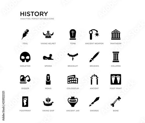 set of 20 black filled vector icons such as bone, foot print, columns, pantheon, swords, ancient jar, skeleton, ancient weapon, tomb, viking helmet. history black icons collection. editable pixel