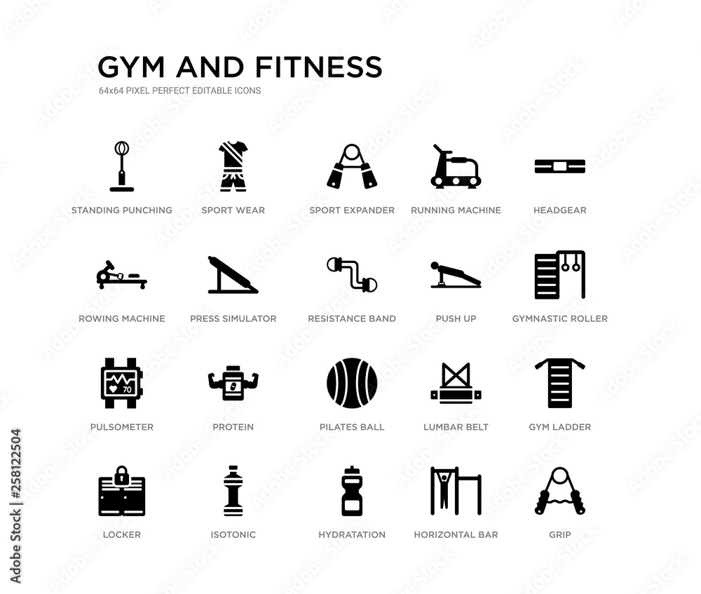 Fototapeta set of 20 black filled vector icons such as grip, gym ladder, gymnastic roller, headgear, horizontal bar, hydratation, rowing machine, running machine, sport expander, sport wear. gym and fitness