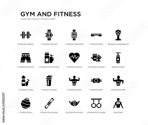set of 20 black filled vector icons such as anatomy, bodybuilder, boxing bag, boxing mannequin, gymnastic rings, elevation mask, fitness shorts, fitness step, fitness tracker, watch. gym and black