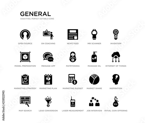 set of 20 black filled vector icons such as initial coin offering, inspiration, internet of things, invention, job interview, laser measurement, model preparation, mri scanner, news feed, on