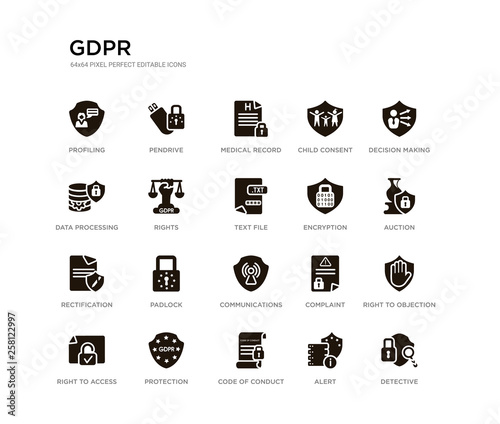 set of 20 black filled vector icons such as detective, right to objection, auction, decision making, alert, code of conduct, data processing, child consent, medical record, pendrive. gdpr black