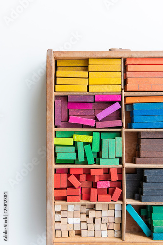 Colourful cuisenaire rods. Mathematics learning aids for students. Mathematical box concepts