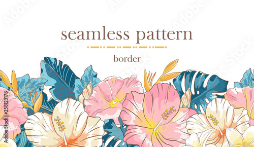 Seamless border pattern with sketch colorful blossoms. Seamless stripe with hand drawn hibiscus flowers and palm leaves. Vector illustration