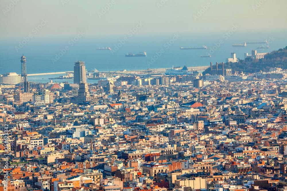 Aerial landscape of Barcelona and port in Catalunya