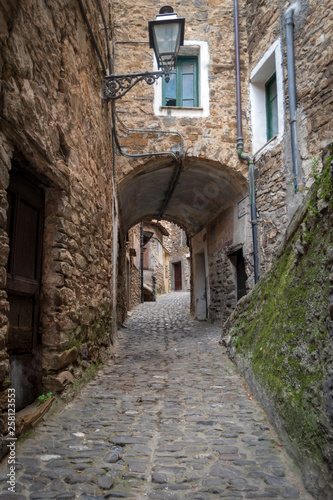 Typical Italian narrow street  Apricale  Italy
