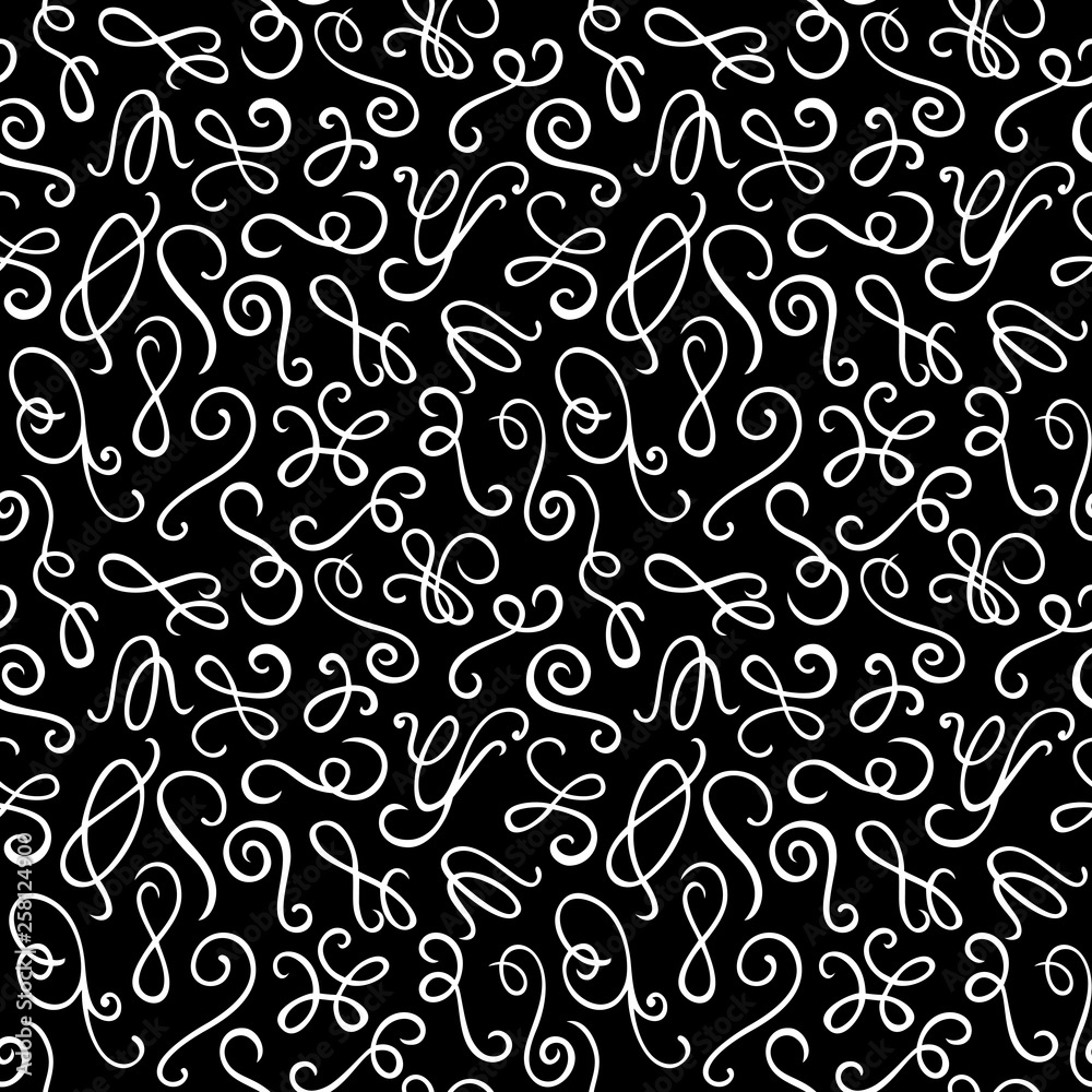 Seamless pattern. Hand drawn curls on the black background. Texture for print, wallpaper, home decor, textile, package design Seamless pattern. Hand drawn curls on the black background. Texture for print, wallpaper, home decor, textile, package design