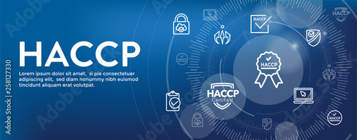 HACCP - Hazard Analysis Critical Control Points icon set and web header banner with award or checkmark