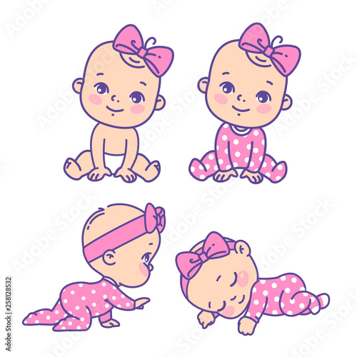 Cute little girl icon set. Collection of vector stickers of little baby girl in pink pajamas, bow, diaper. Child sleeping, sitting, crawling. Emblem of kid health. Vector color illustration.