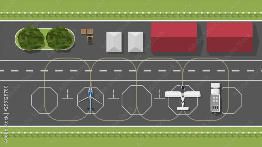 Airport in cartoon style. Top view. Aircraft and helicopter on aerodrome. Civil aviation landscape. Airfield with runway and infrastructure Airport in cartoon style. Top view. Aircraft and helicopter on aerodrome. Civil aviation landscape. Airfield with runway and infrastructure