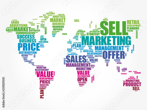 Marketing word cloud in shape of World Map, business concept background