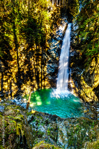 The turquoise waters of Cascade Falls in Cascade Falls Regional Park between the towns of Mission and Deroche in British Columbia  Canada