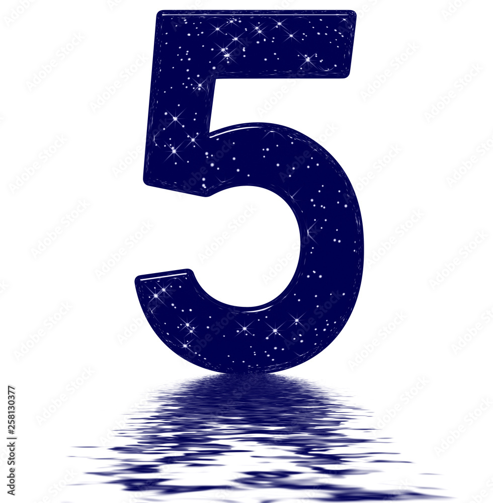 Numeral 5, five, star sky texture imitation, reflected on the water surface, isolated on white, 3d render Numeral 5, five, star sky texture imitation, reflected on the water surface, isolated on white, 3d render